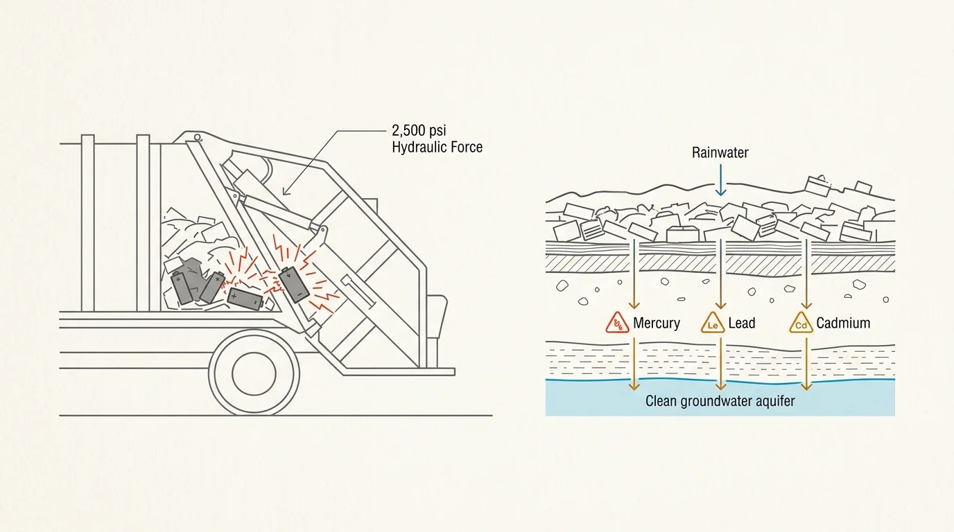 Diagram of a garbage truck compactor crushing batteries next to heavy metals leaching through soil into an aquifer.