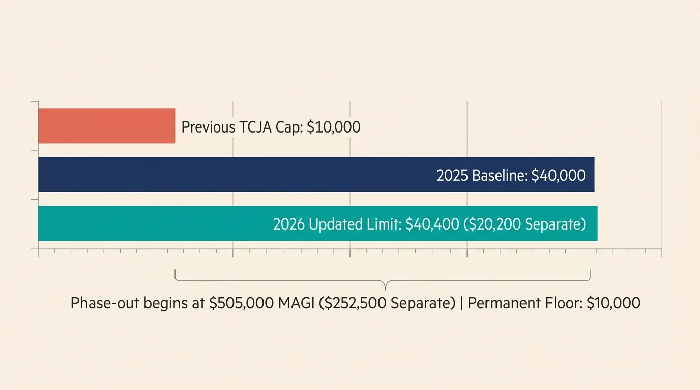Horizontal bar chart comparing the previous $10,000 TCJA cap to the 2025 baseline of $40,000 and 2026 limit of $40,400.