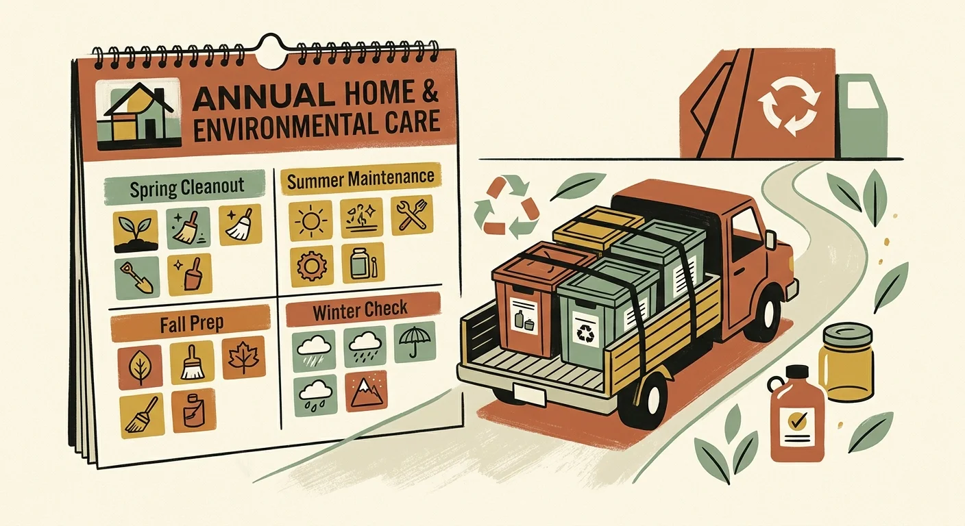 A seasonal home care calendar beside a pickup truck loaded with recycling bins driving toward a collection facility.