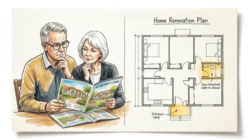 Editorial ink and watercolor illustration of a couple comparing a retirement community brochure to a home renovation blueprint.