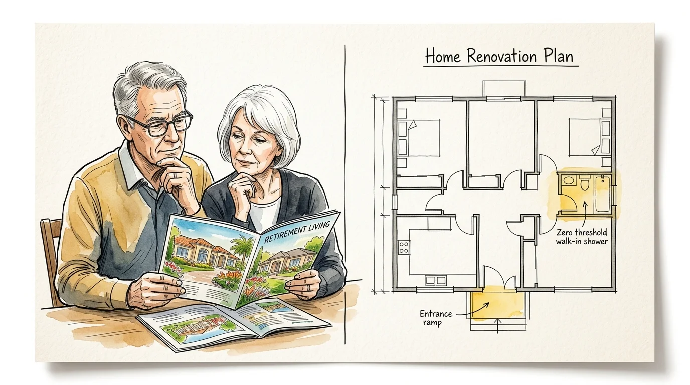 Editorial ink and watercolor illustration of a couple comparing a retirement community brochure to a home renovation blueprint.