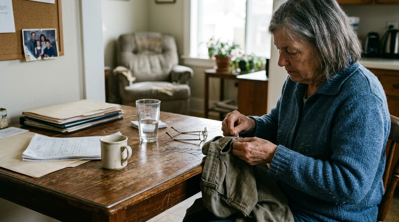 An older woman sits at a wooden table mending a garment by hand next to documents, glasses, and a mug.