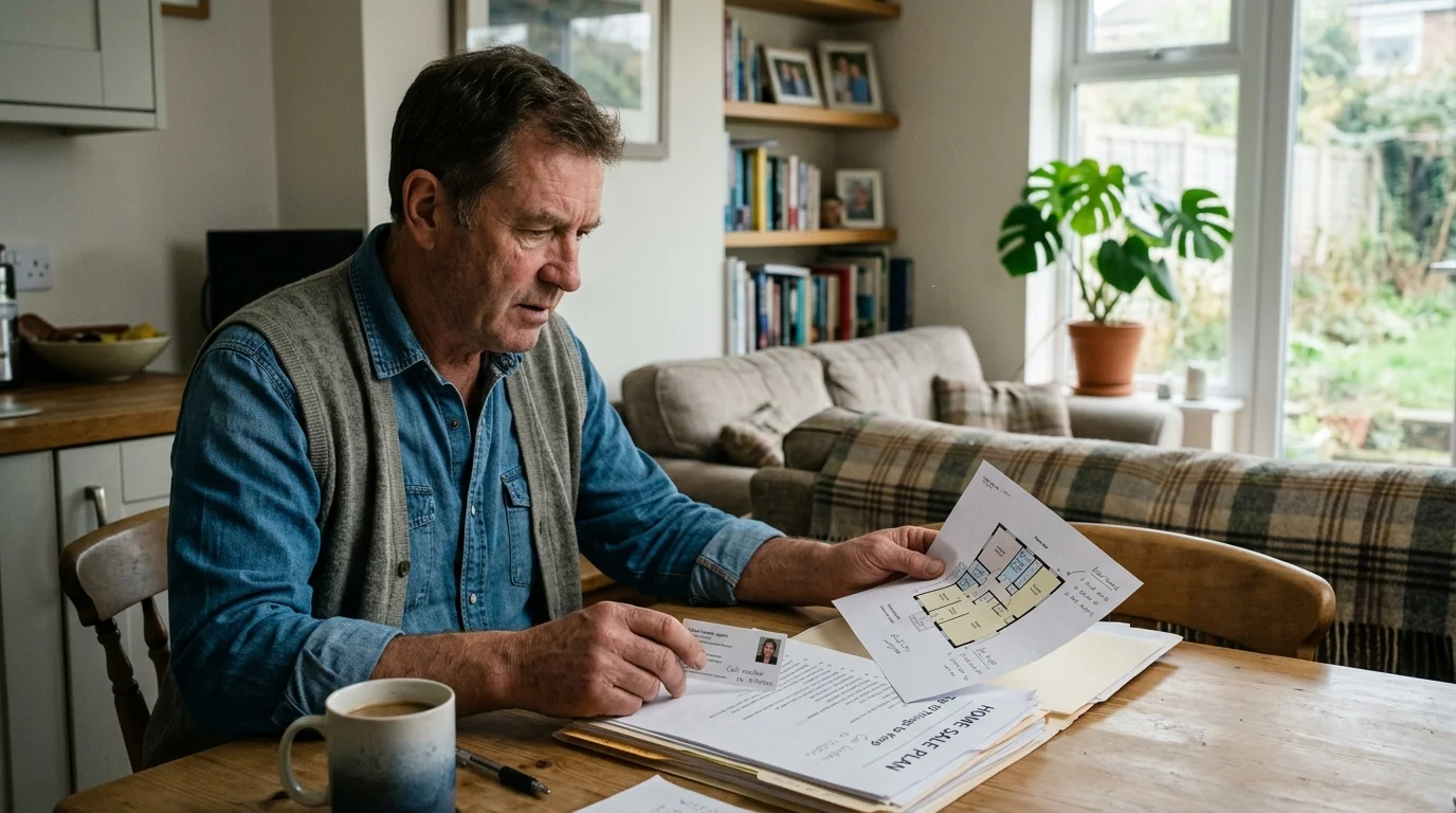 A man sits at a wooden table holding a floor plan sketch and business card beside home sale planning documents.