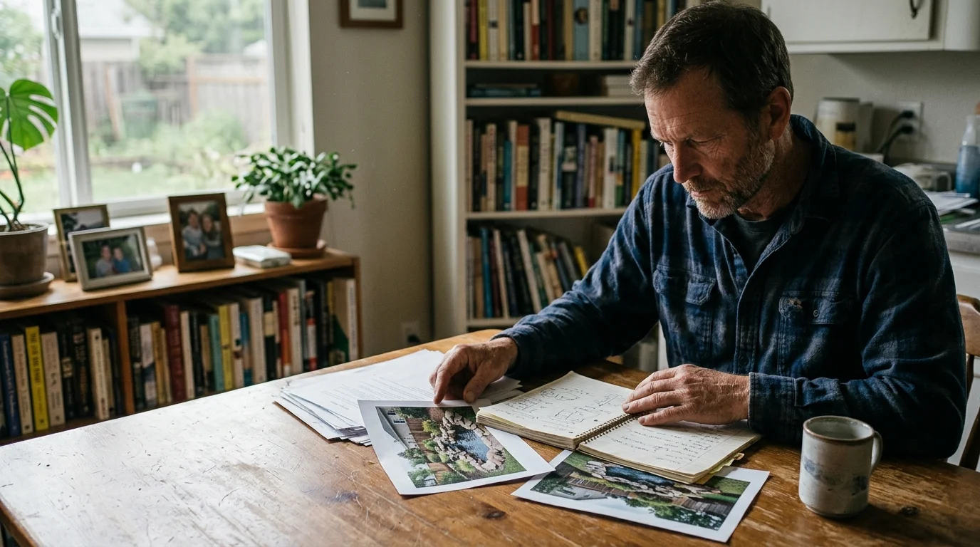 A man sits at a wooden table reviewing printed pond photos and design sketches in a notebook.