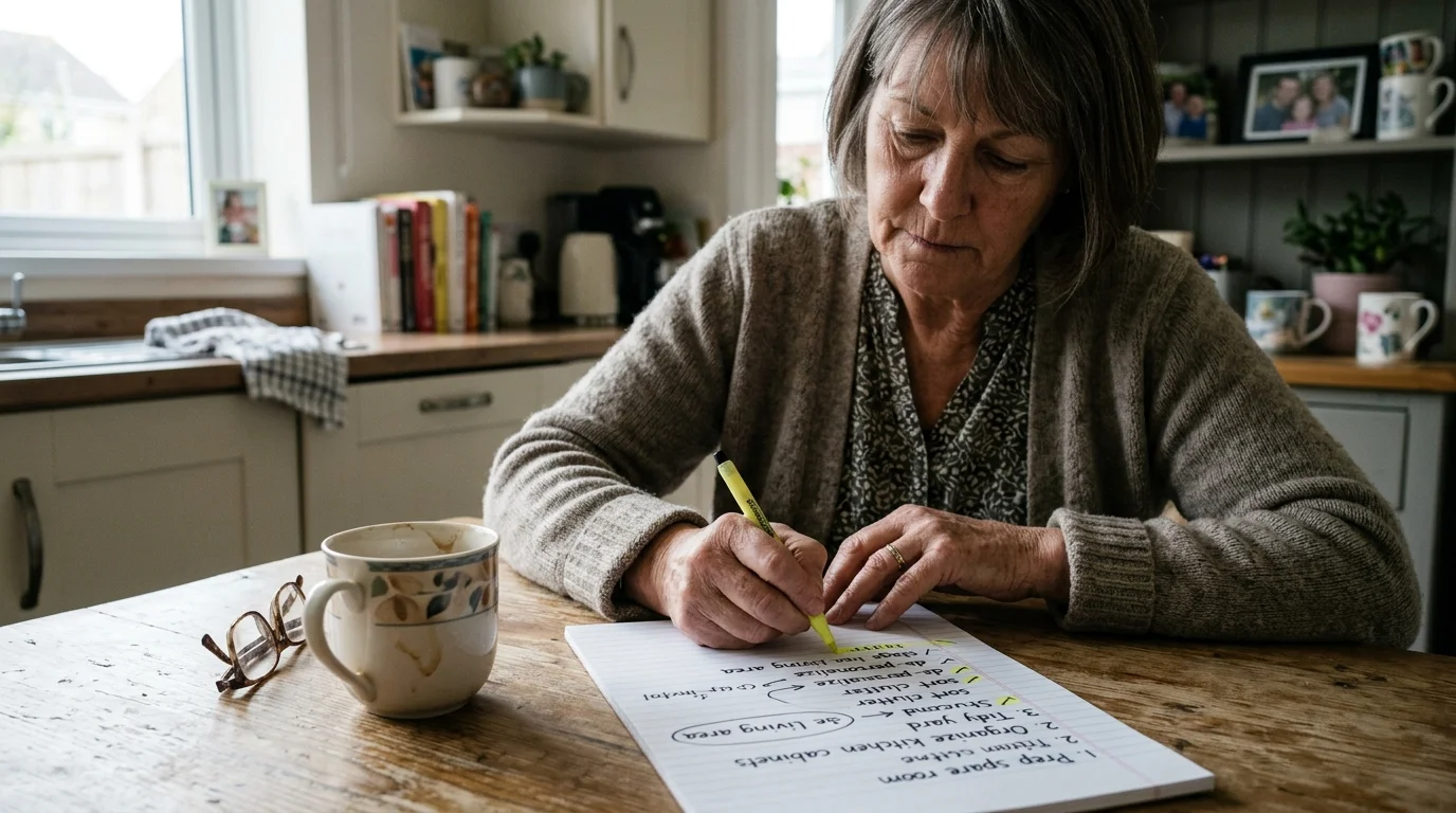 A woman sitting at a wooden kitchen table highlighting items on a handwritten to-do list next to a coffee mug.