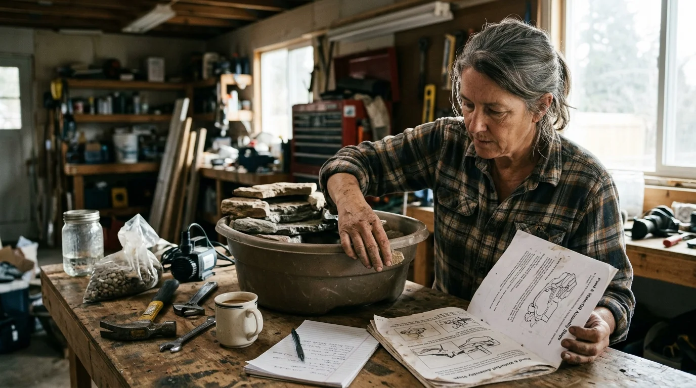 A woman in a workshop consults an instruction manual while assembling a small stone waterfall basin.