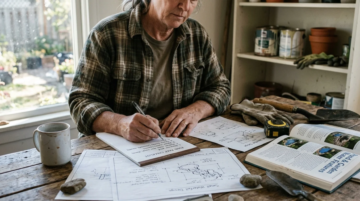Person sitting at a wooden table writing on a checklist next to pond design blueprints, garden tools, and a book.