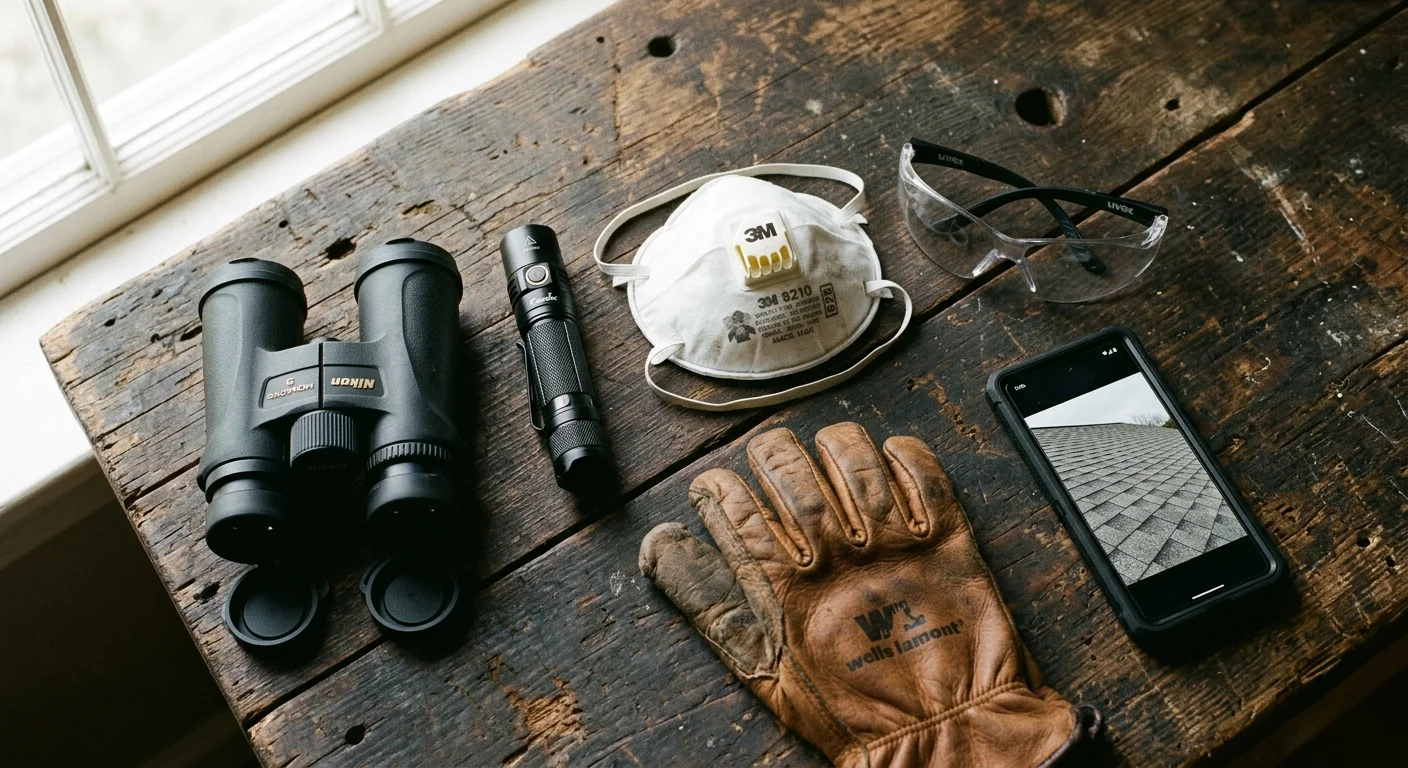 Flat lay photograph of roof inspection tools including binoculars, a flashlight, work gloves, and safety gear on a workbench.