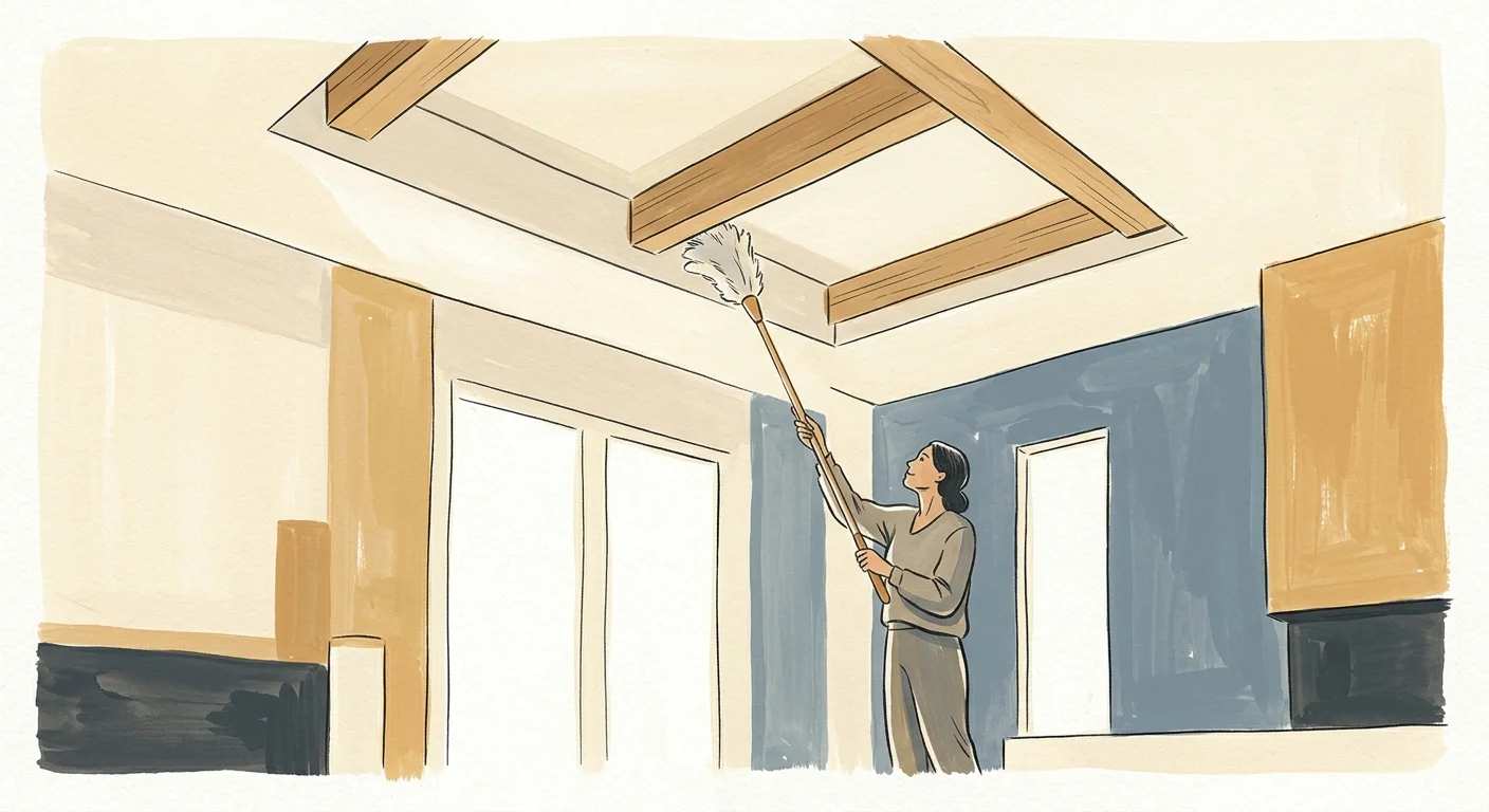 Gouache illustration of a person using a long-handled duster to clean the corners of a high, wooden-beamed ceiling.