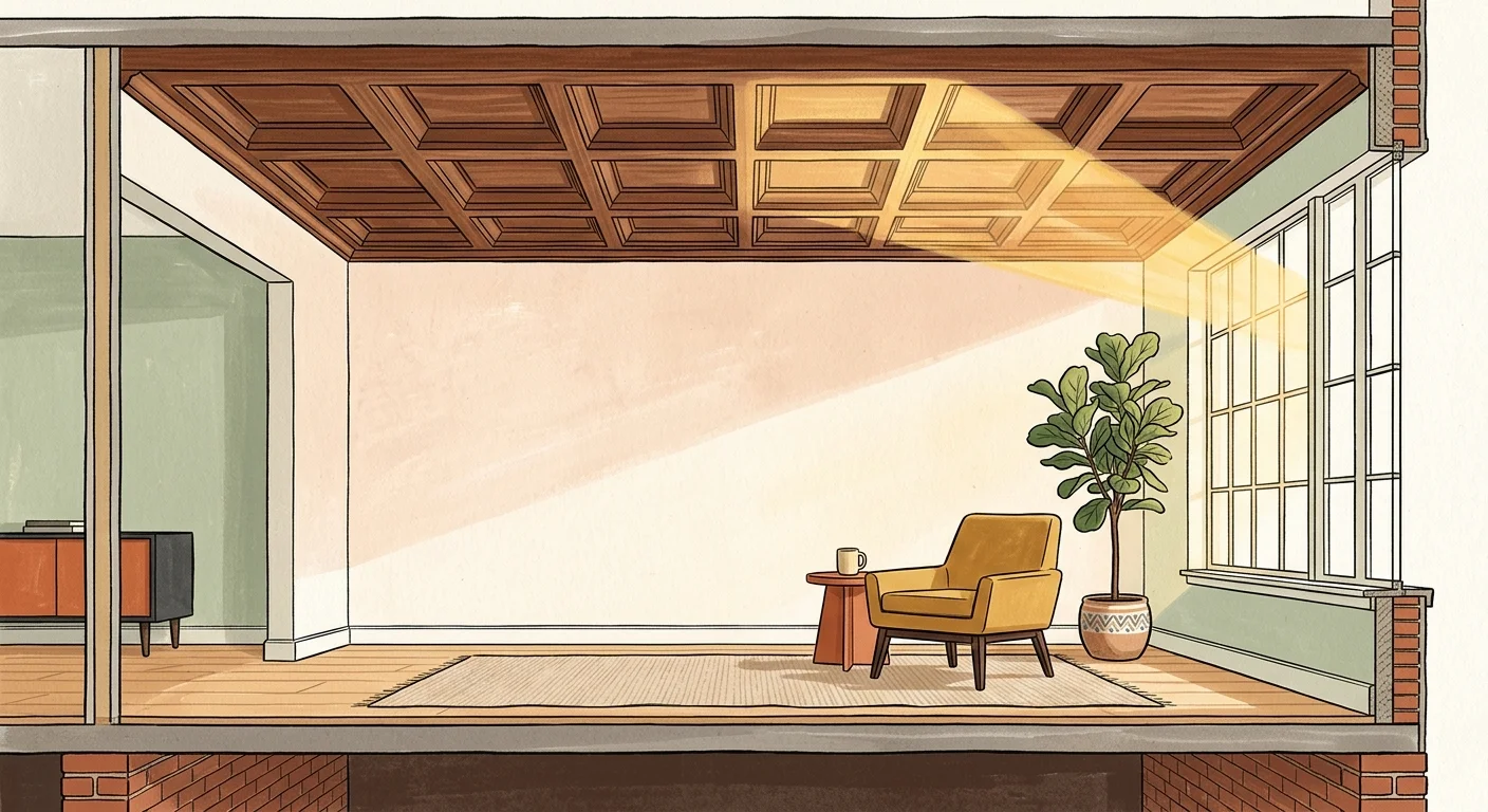 Gouache illustration of natural light bouncing off a detailed ceiling, filling a minimalist room with warm, airy light.