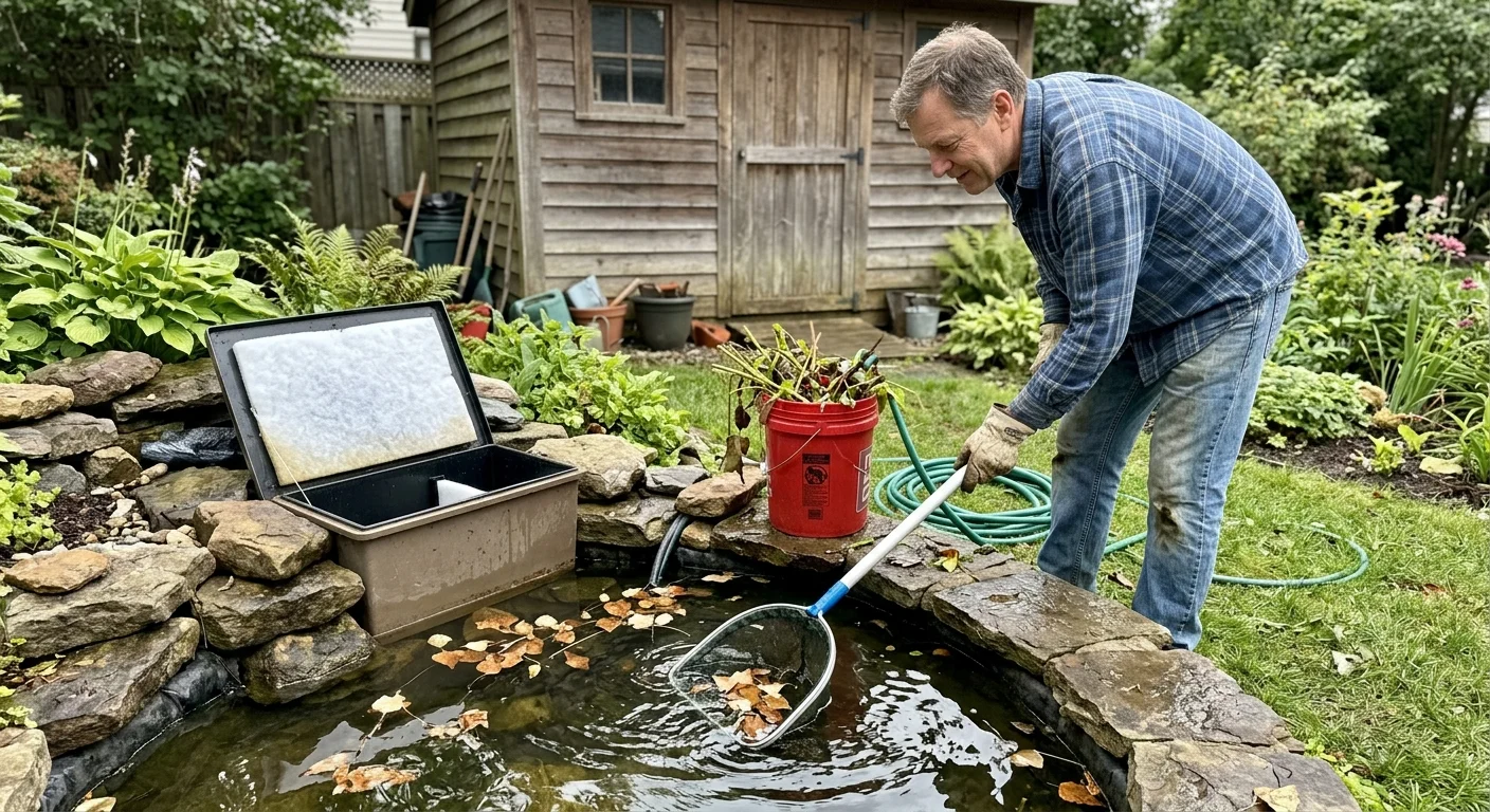 A man scoops floating leaves from a stone-bordered backyard pond using a mesh net beside an open filter box.