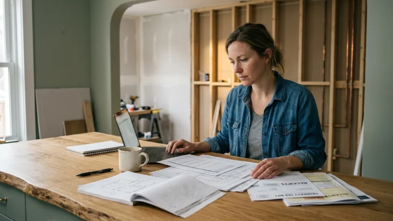 A woman sits at a wooden counter working on a laptop surrounded by paperwork and blueprints in a home under renovation.