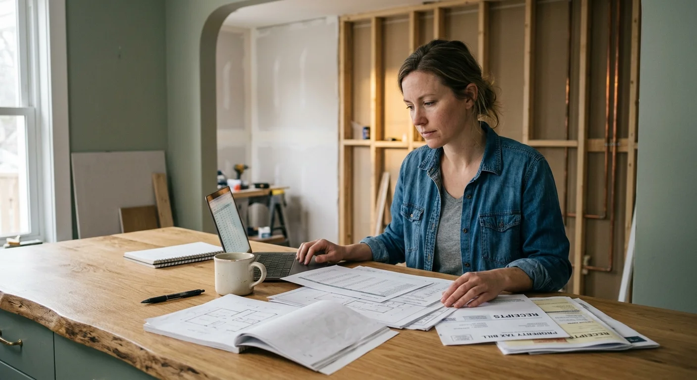 A woman sits at a wooden counter working on a laptop surrounded by paperwork and blueprints in a home under renovation.