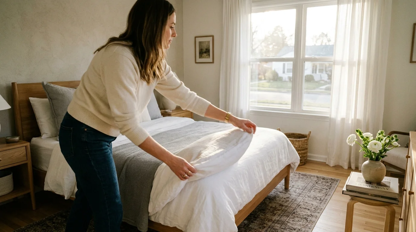 A woman in a cream sweater making a bed with white linens in a sunlit bedroom next to large windows.