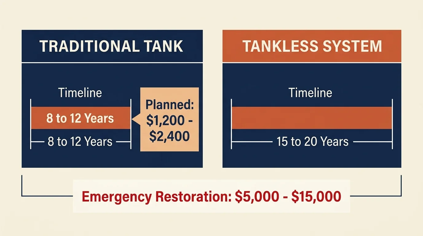 Infographic comparing traditional tank lifespans and costs against tankless systems and emergency water damage restoration costs.