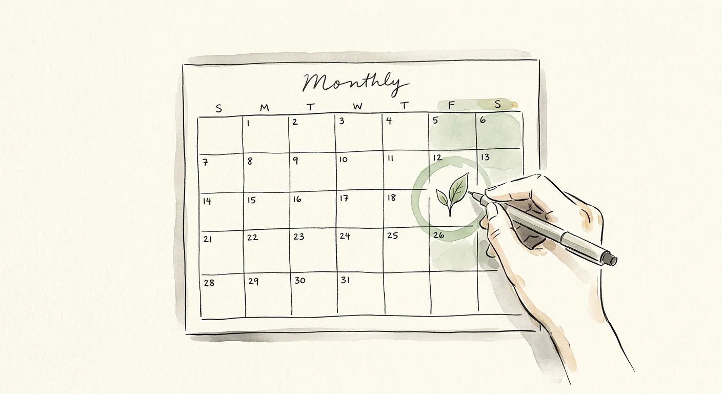 Ink and watercolor drawing of a calendar grid with a green circle and leaf icon highlighting a weekend for seasonal maintenance.