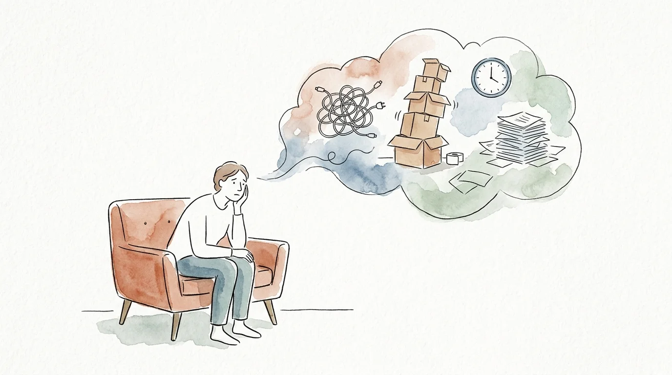 Ink and watercolor drawing of a person sitting on a chair with a swirling cloud of cluttered household items floating above them.