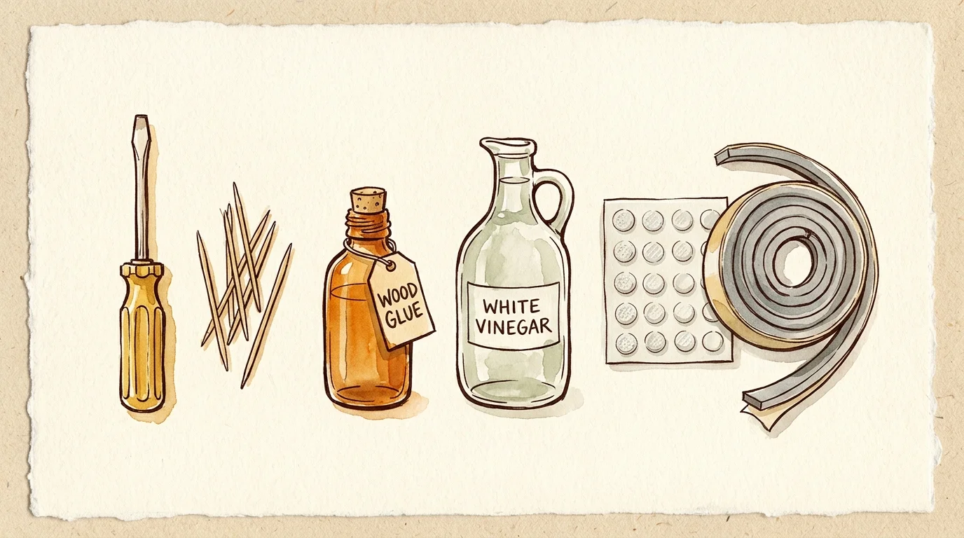 Ink and watercolor flat-lay illustration of a screwdriver, toothpicks, wood glue, vinegar, and rubber bumpers.