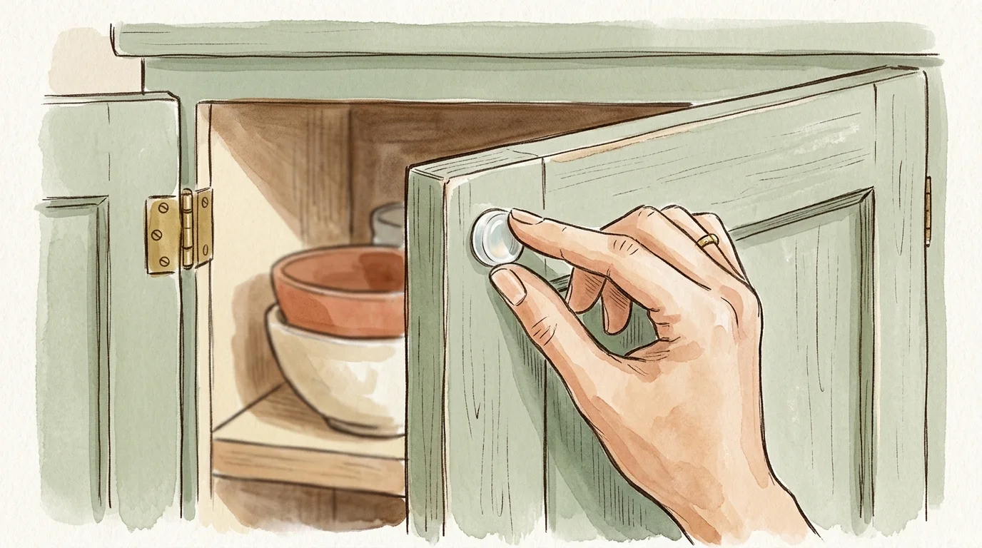 Ink and watercolor illustration of a hand placing a clear silicone bumper pad inside a sage-green cabinet door.