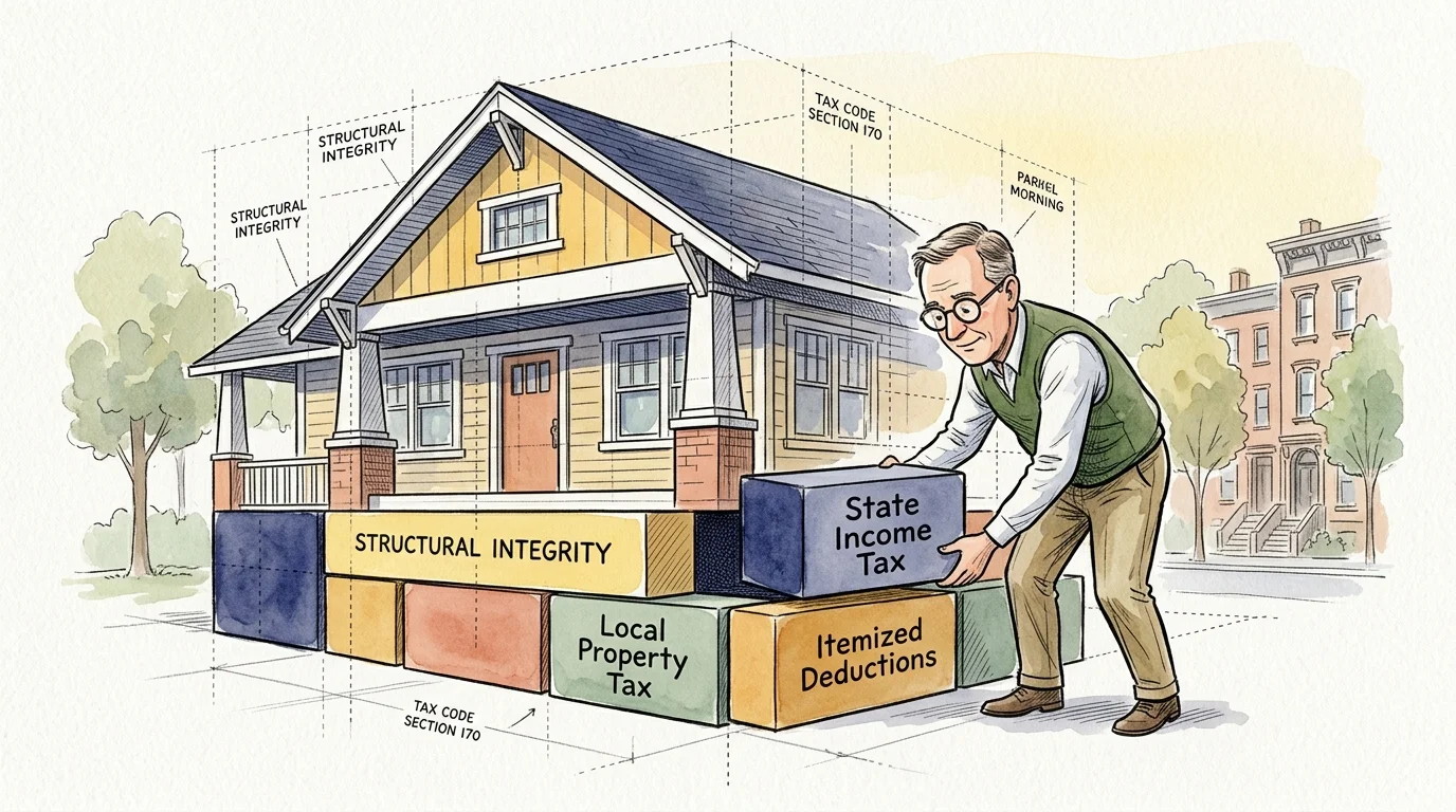 Illustration of a man placing labeled tax blocks, like state income tax, into the foundation of a house.