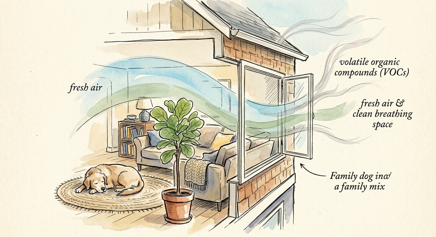 Ink and watercolor illustration of a sunny living room with clean blue air currents circulating, representing healthy indoor air quality.