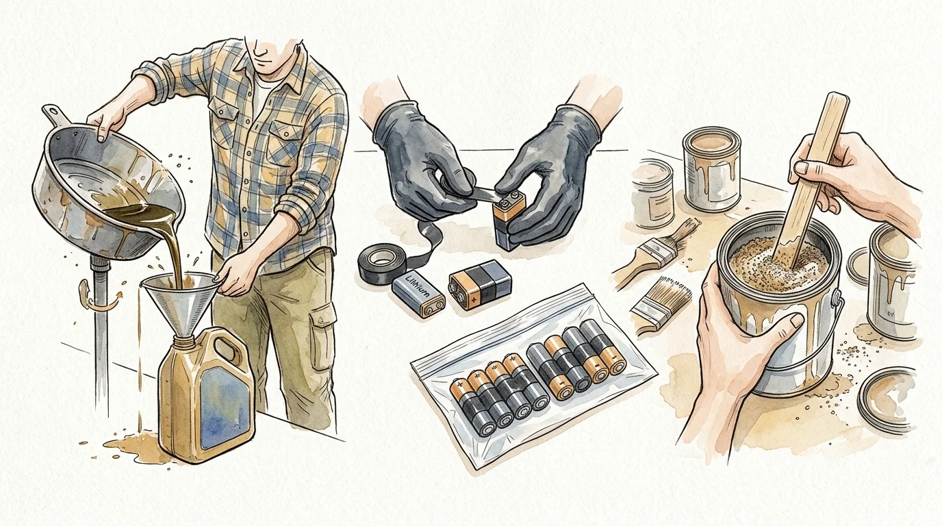 Illustration of pouring motor oil into a jug, taping battery terminals, and stirring paint in an open can.