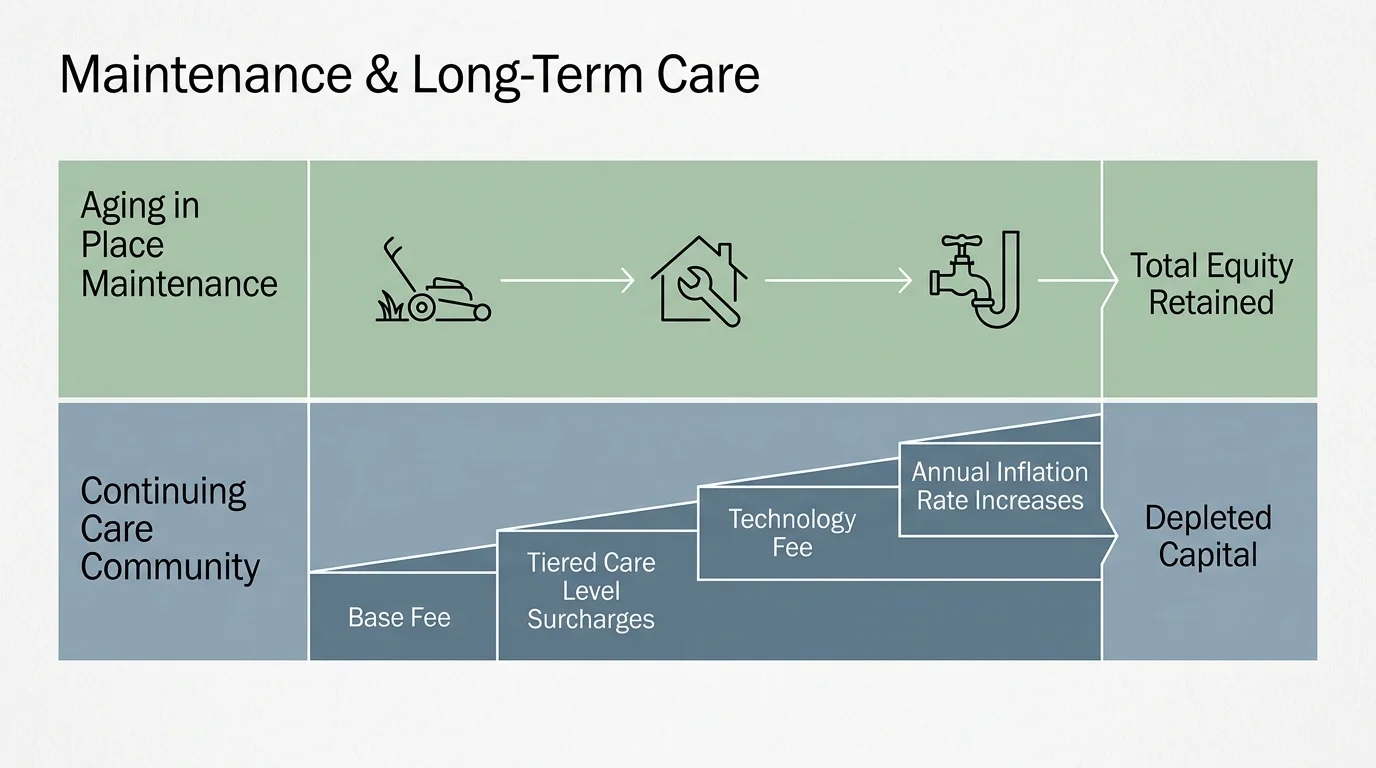 Minimalist comparative diagram detailing the long-term cost structures of home maintenance versus continuing care facilities.