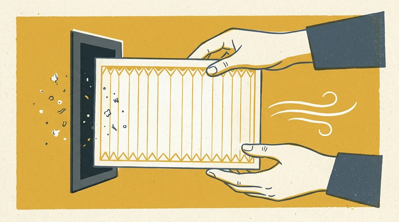 Minimalist screenprint illustration of a hand sliding a clean, pleated air filter into a dark slot.
