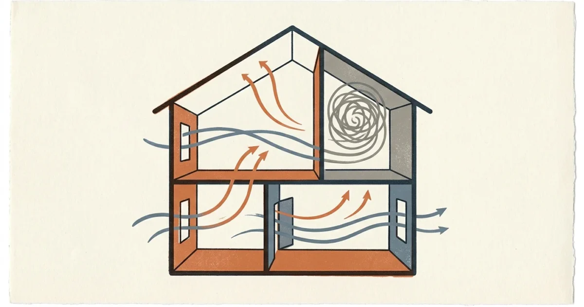 Minimalist screenprint illustration of a two-story home showing warm and cool air currents circulating through the rooms.
