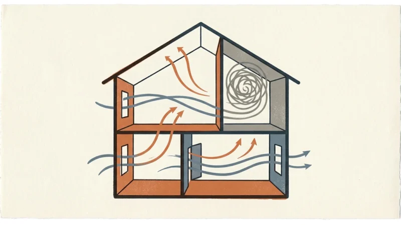 Minimalist screenprint illustration of a two-story home showing warm and cool air currents circulating through the rooms.