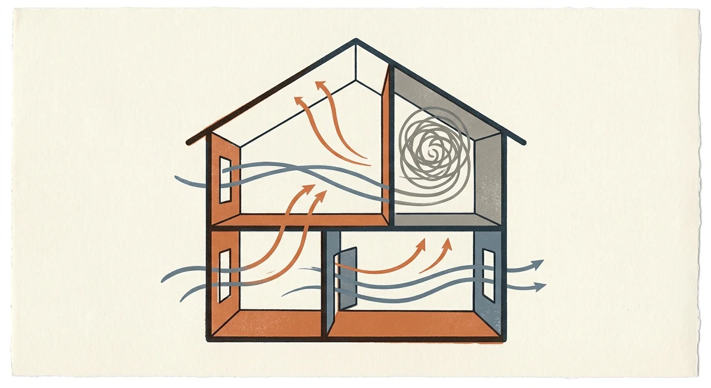Minimalist screenprint illustration of a two-story home showing warm and cool air currents circulating through the rooms.