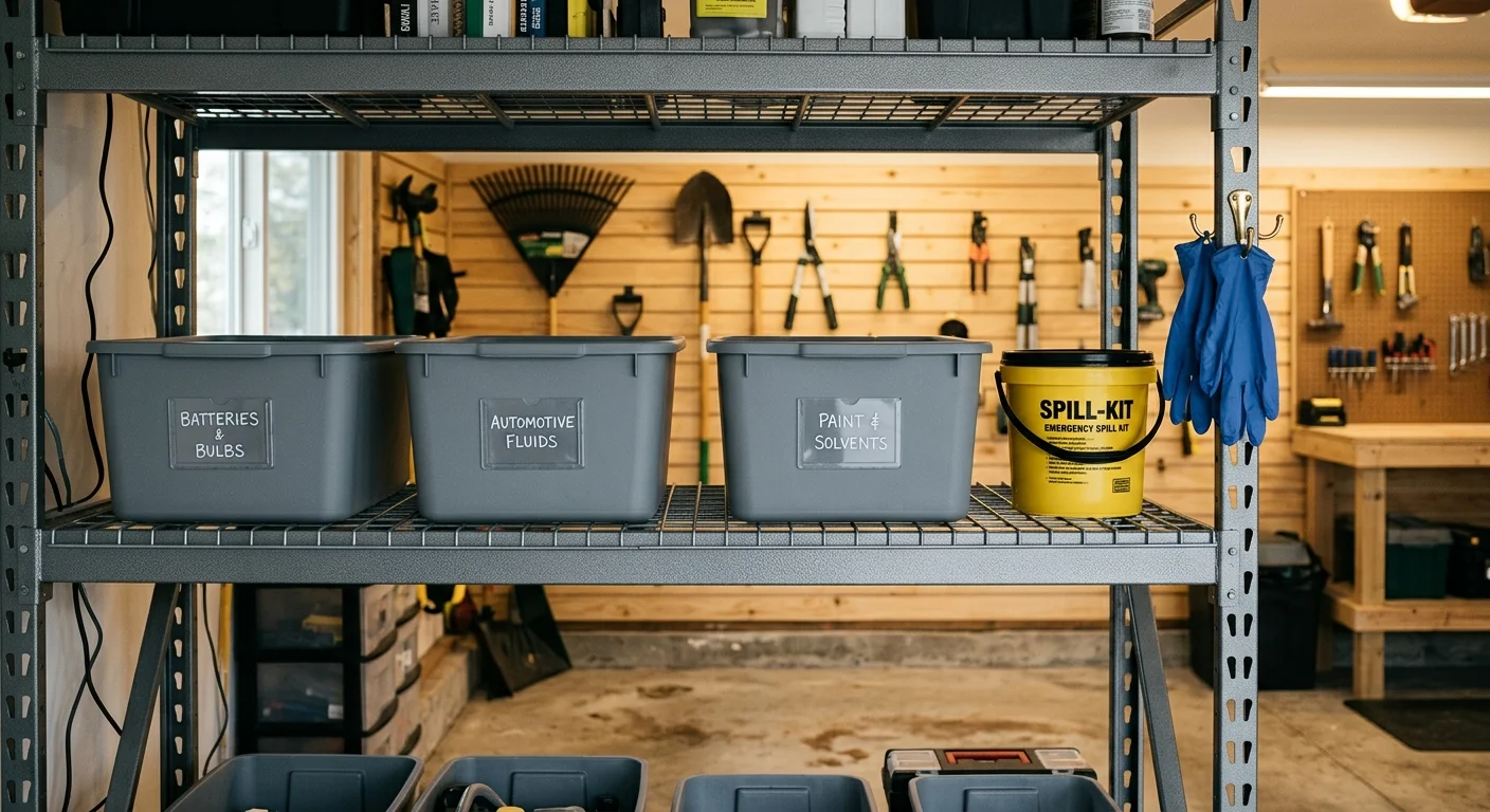 Labeled gray storage bins and a yellow emergency spill kit sit on metal shelving in an organized garage workshop.