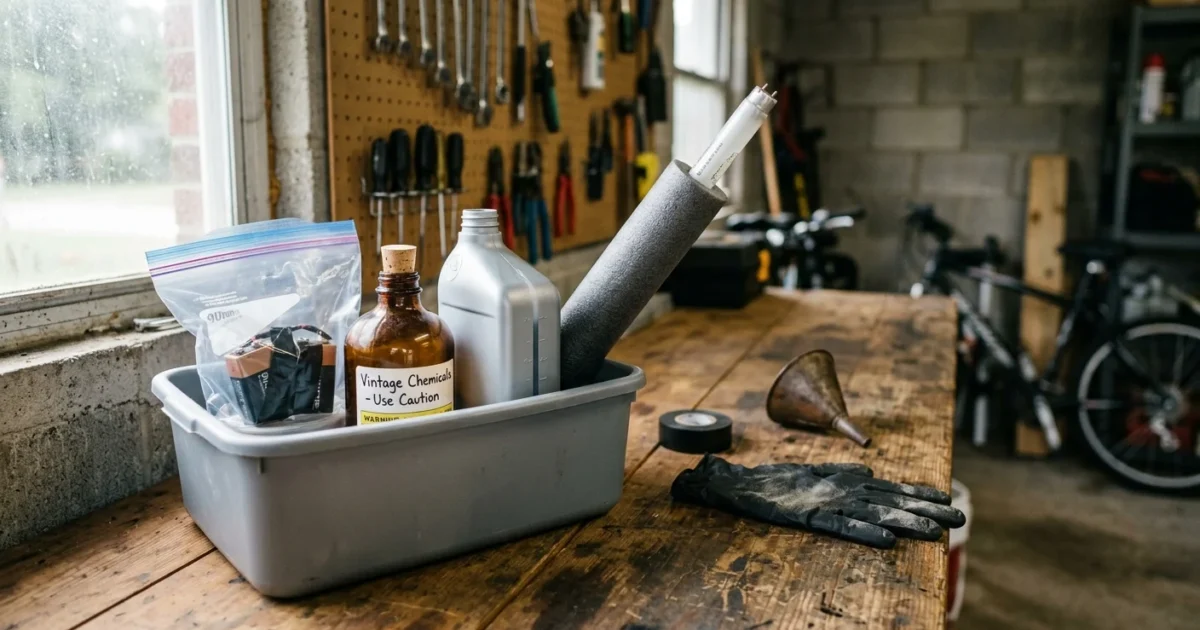 A plastic bin holding chemicals, batteries, motor oil, and a fluorescent bulb sits on a garage workbench.