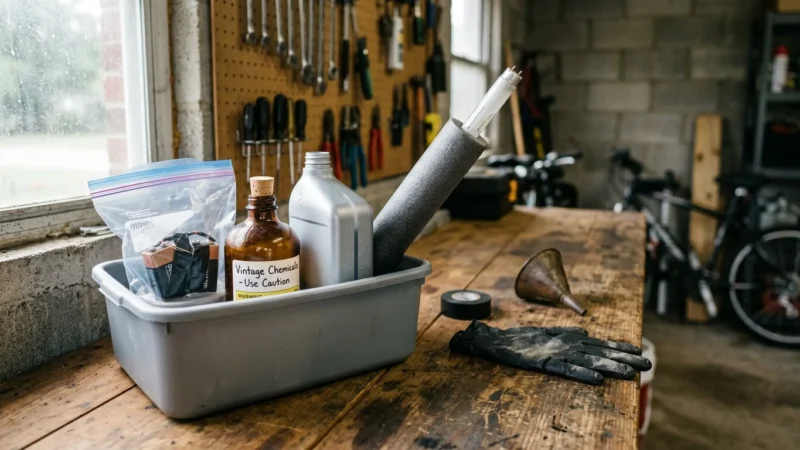 A plastic bin holding chemicals, batteries, motor oil, and a fluorescent bulb sits on a garage workbench.