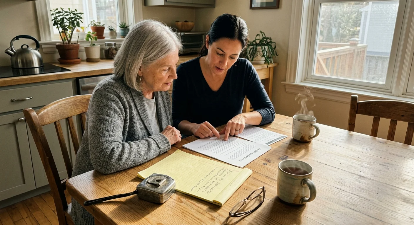 Over-the-shoulder photo of a family reviewing a residency contract and financial planning notes on a sunlit wooden kitchen table.