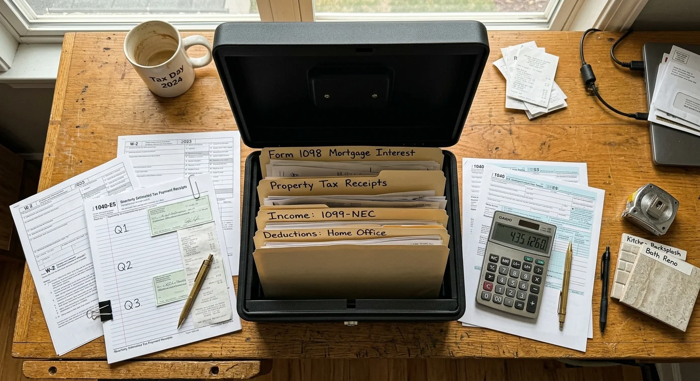 Open black lockbox with organized tax folders, surrounded by forms, a calculator, receipts, and a mug on a desk.