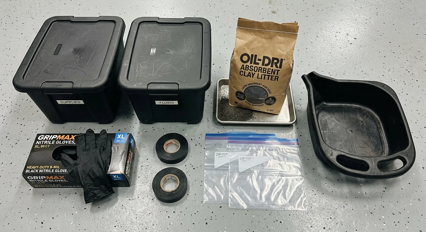 Black storage totes, absorbent clay litter, an oil pan, nitrile gloves, rolls of tape, and plastic bags on a floor.