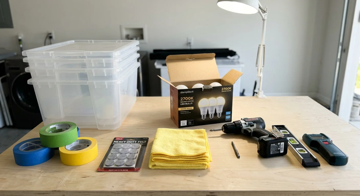Clear plastic storage bins, tape rolls, microfiber cloths, LED light bulbs, and tools laid out on a wooden work table.