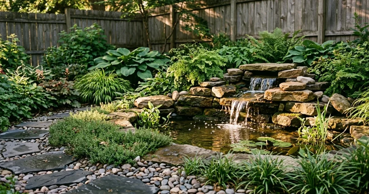 Small tiered rock waterfall flowing into a stone pond surrounded by lush plants and stone pavers in a backyard.