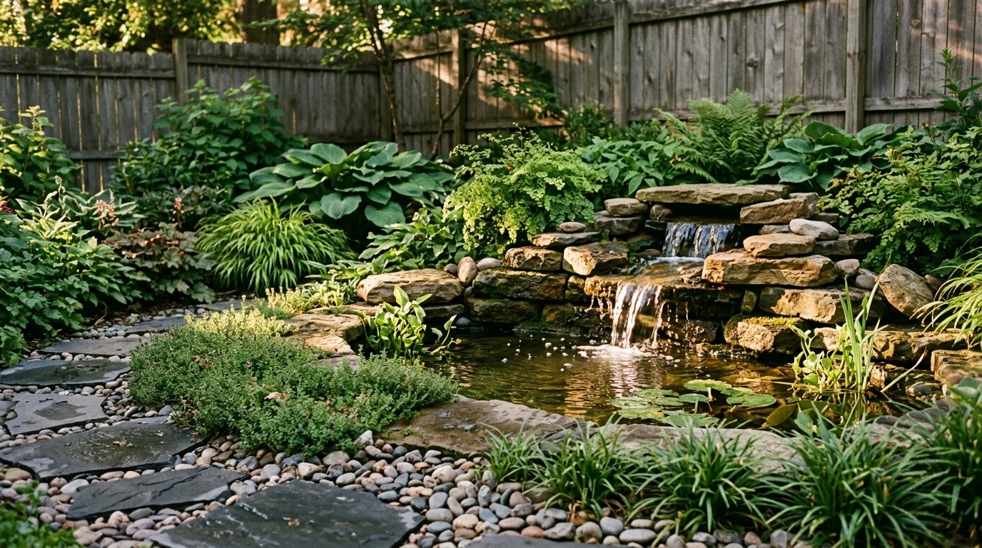 Small tiered rock waterfall flowing into a stone pond surrounded by lush plants and stone pavers in a backyard.