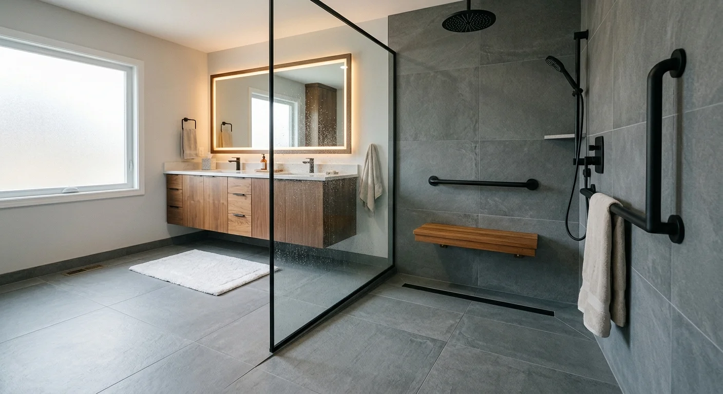 Stylish zero-threshold walk-in shower with non-slip slate tiles, matte black grab bars, and a floating teak bench.