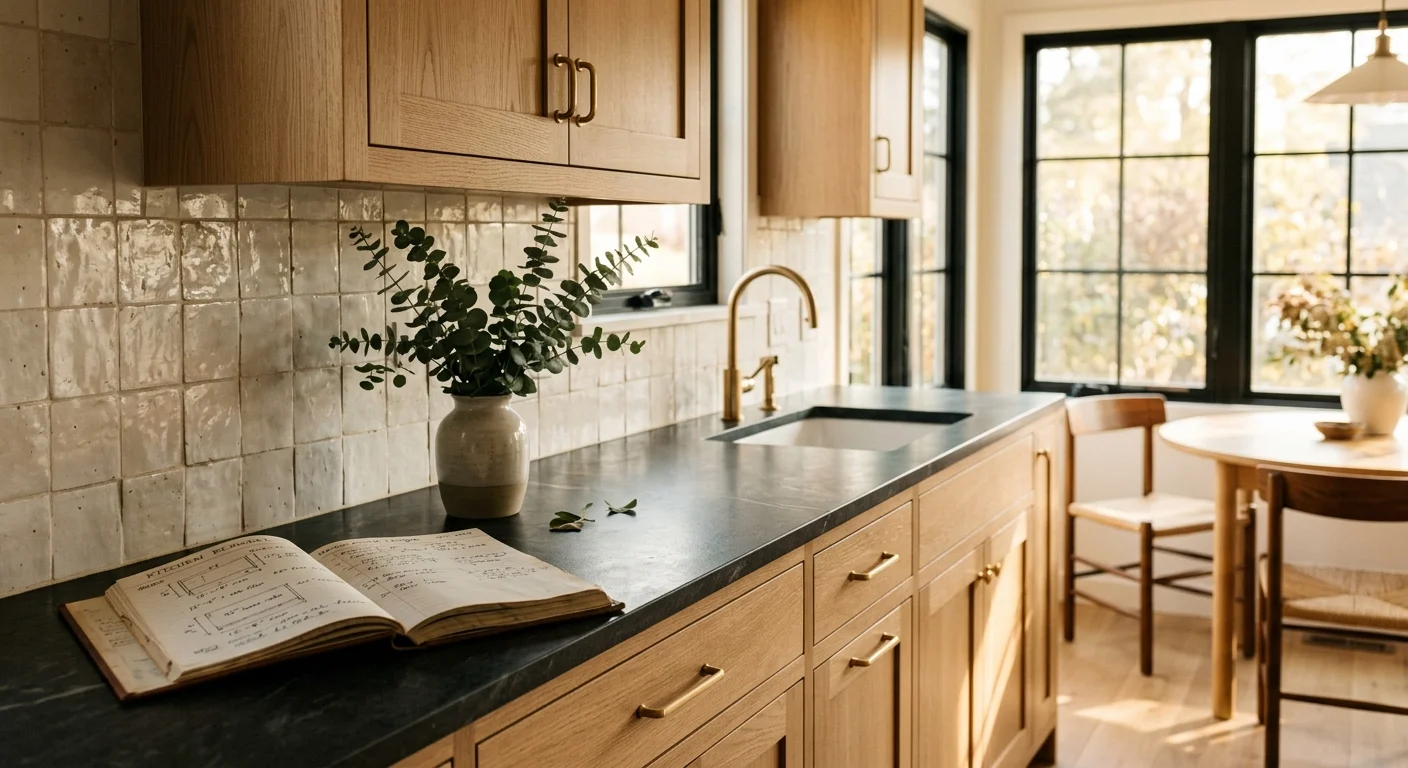 Kitchen with light wood cabinets, dark countertops, tiled backsplash, an open notebook, and a vase of greenery.