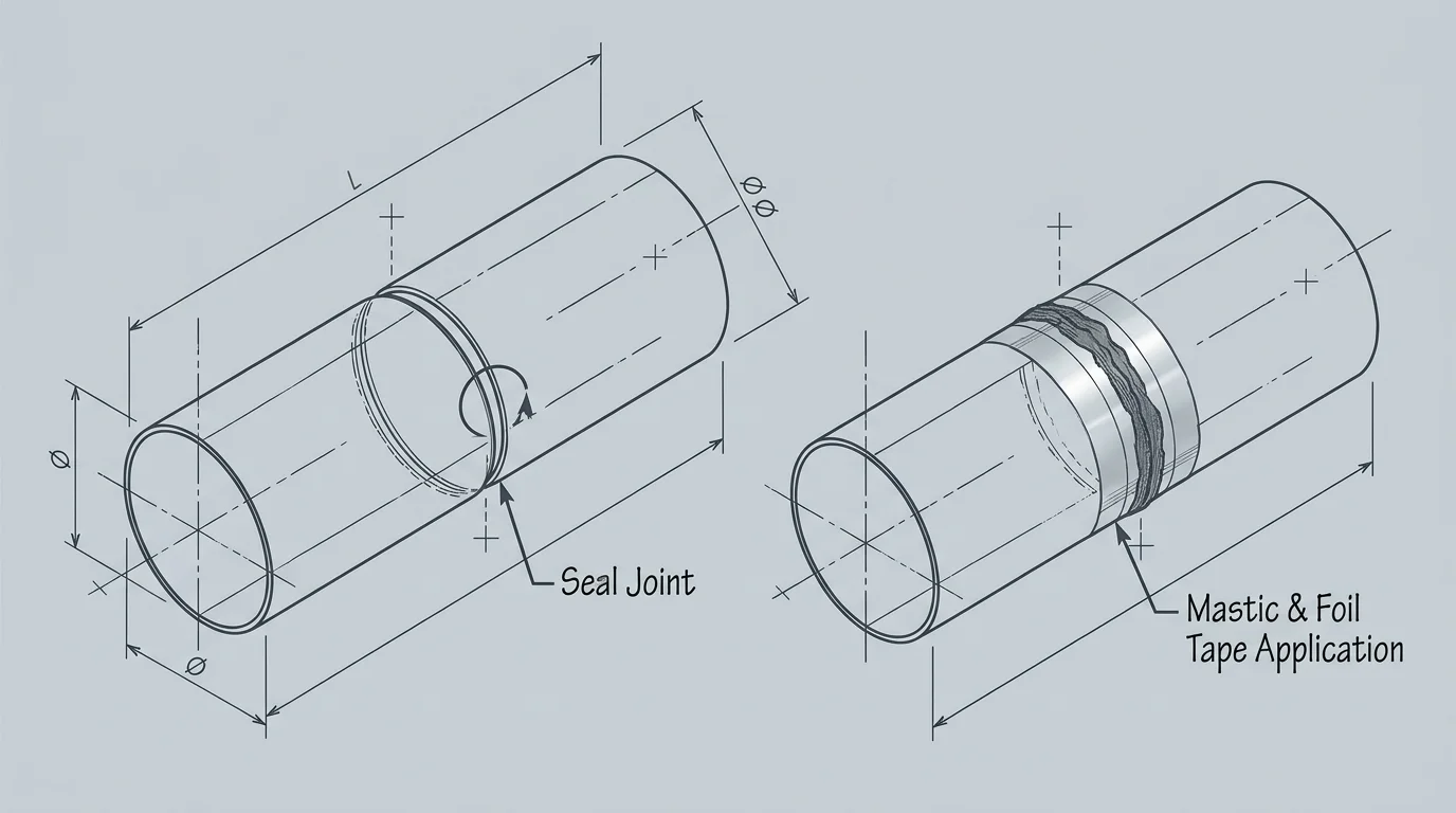 Technical diagram on slate-gray paper showing how to seal a sheet metal HVAC duct joint with mastic and foil tape.