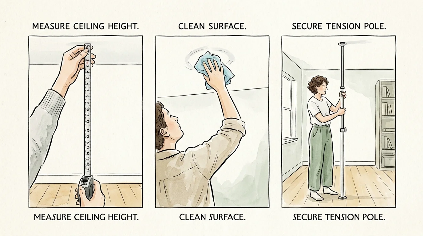 Three horizontal illustration panels showing measuring height, wiping the ceiling, and adjusting a vertical tension pole.