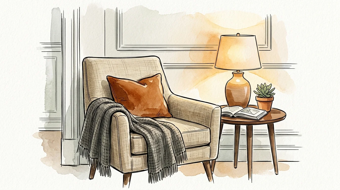 Watercolor illustration of an armchair with a throw blanket beside an illuminated side table lamp and potted plant.
