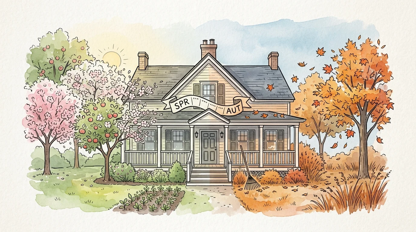 Watercolor illustration of a house split between spring and autumn seasons to represent bi-annual roof maintenance.