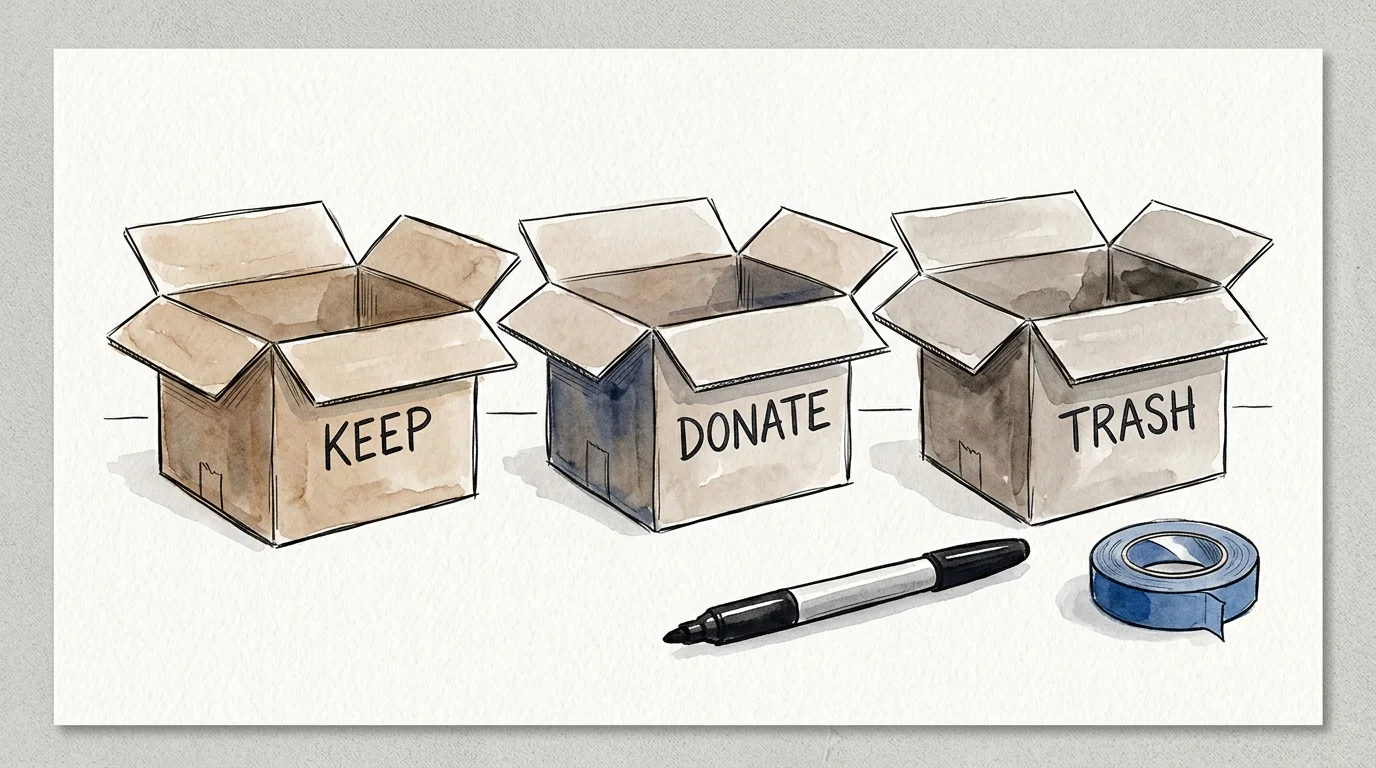 Watercolor illustration of three cardboard boxes labeled KEEP, DONATE, and TRASH, alongside a marker and painter's tape.