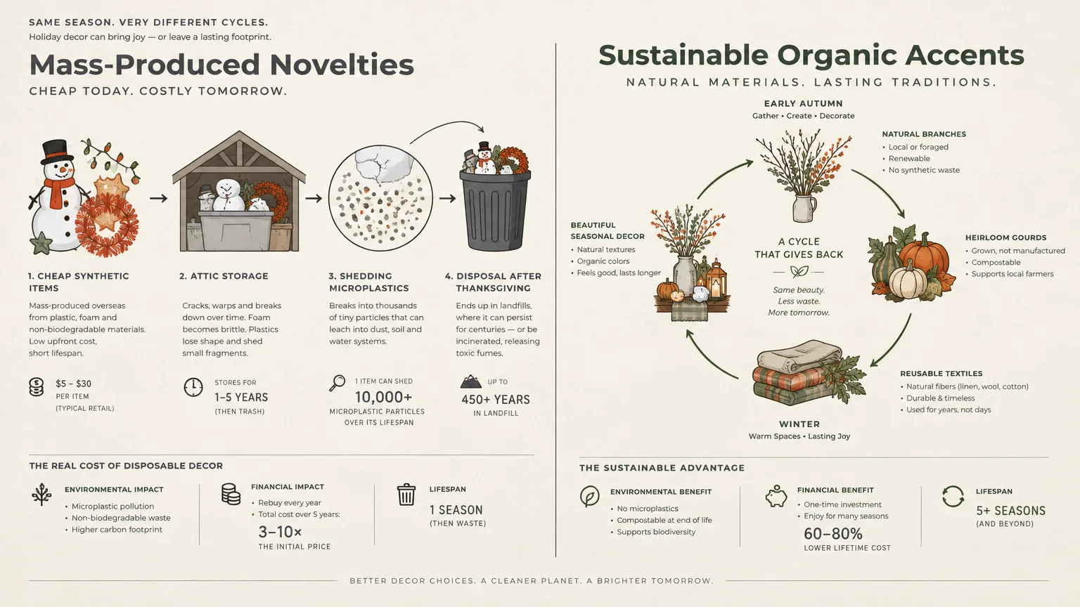 Diagram comparing the disposal cycle of mass-produced novelties with a cycle of sustainable organic accents.