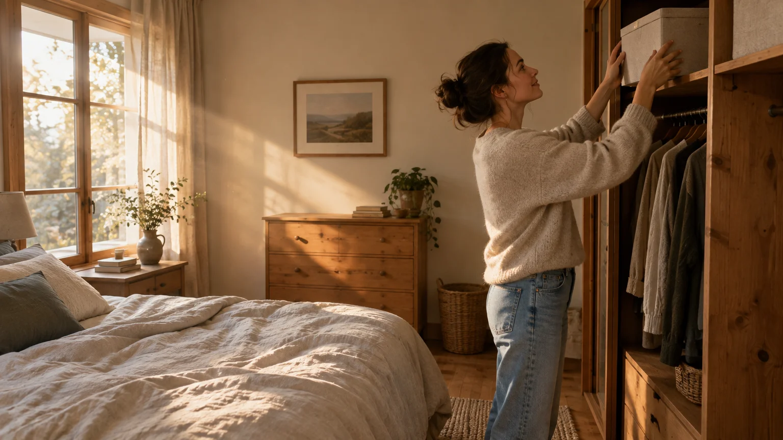 A woman in a sunlit bedroom reaches up to place a storage box on the top shelf of a wooden wardrobe.