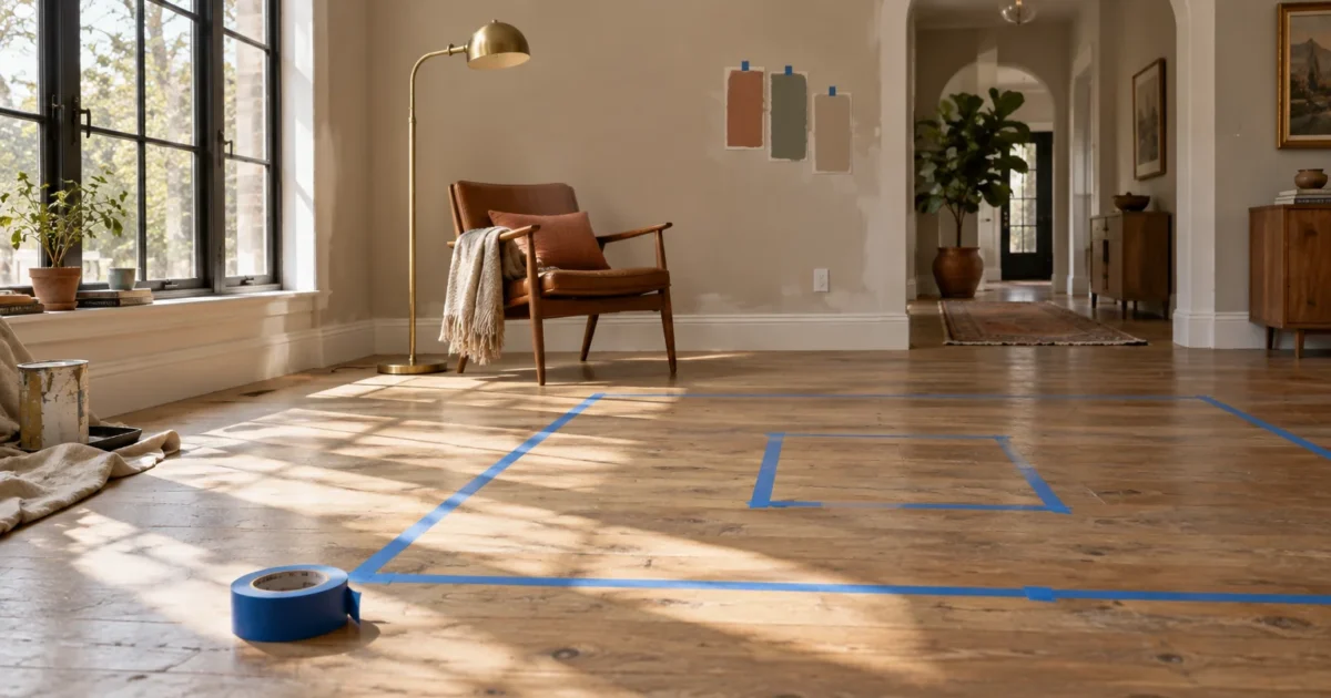 Blue painter's tape outlines furniture footprints on hardwood floors in a room undergoing interior design planning.